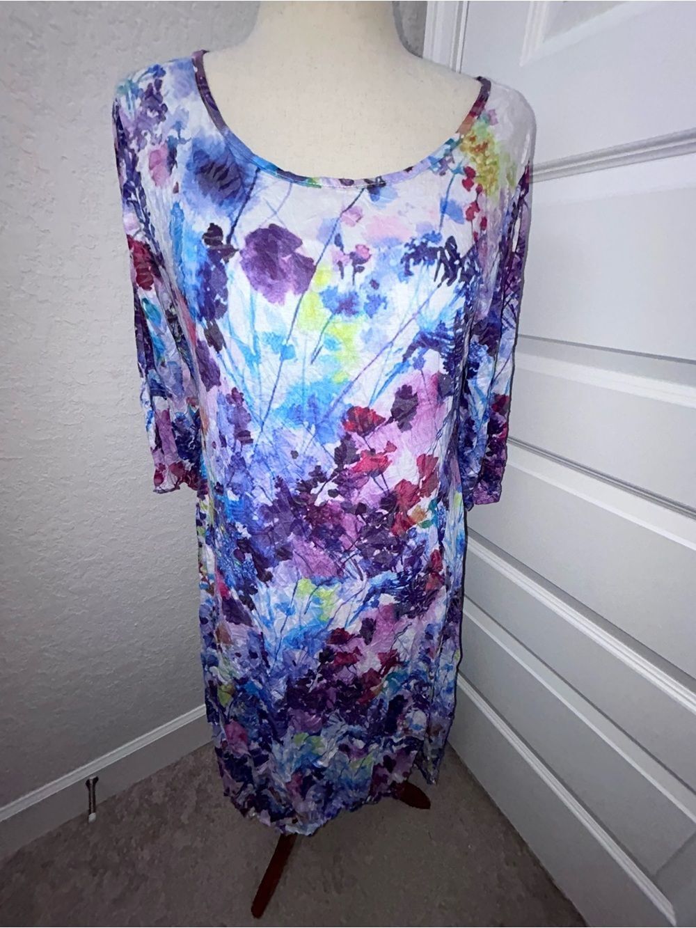 Shana Watercolor Floral Print 3/4 Length Sleeve Shirt Tunic Dress